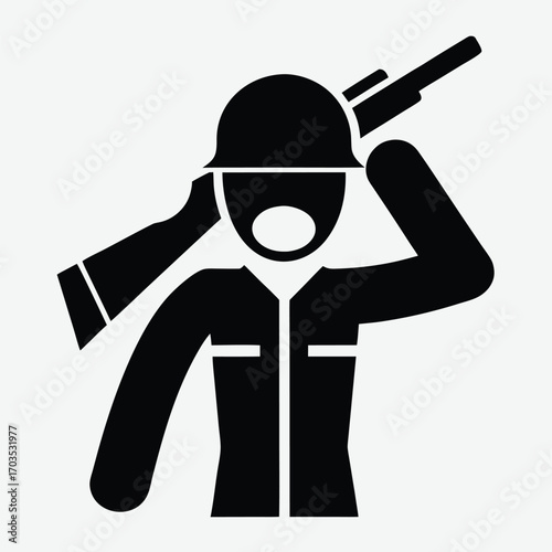 Black figure wearing helmet holds rifle with simple design on a white background