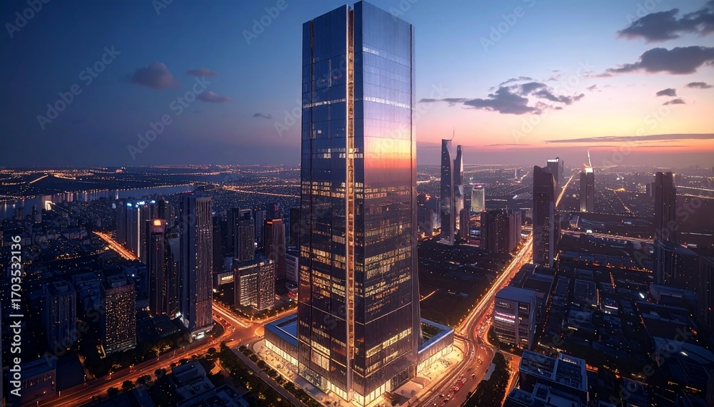 Fototapeta premium Cityscape at Dusk: A Modern Metropolis Skyline