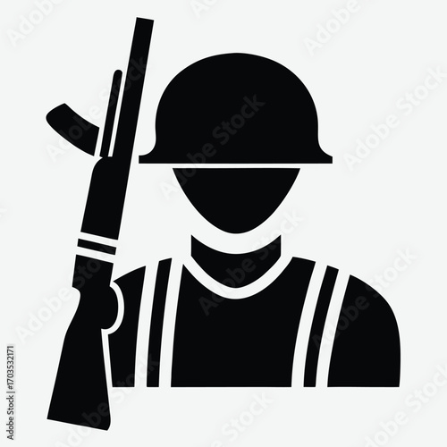 Silhouette soldier in helmet holds rifle, depicting military strength and defense readiness