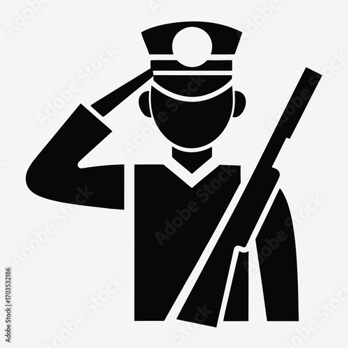 Black silhouette of soldier saluting while holding rifle in a simple minimalist style