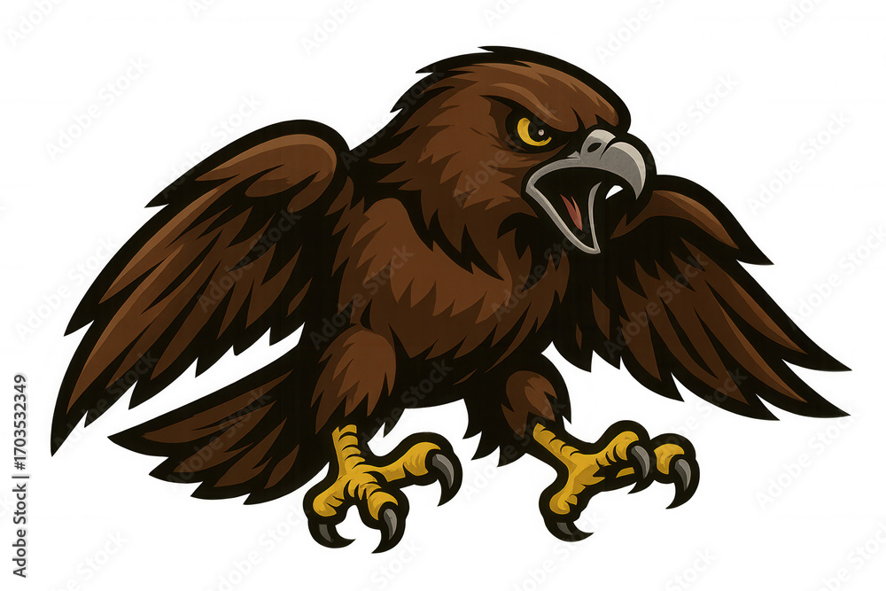 Fototapeta premium Illustration of an aggressive hawk with spread wings preparing to attack, isolated on a transparent background