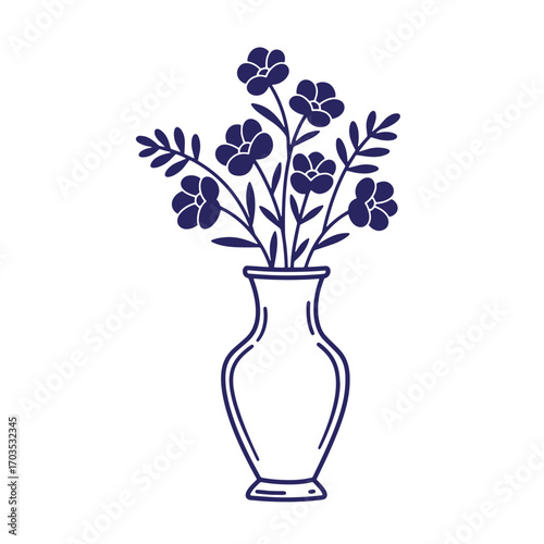 Elegant navy blue flower bouquet in a vase minimalist line art design.