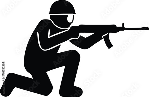 Silhouette shows soldier kneeling and aiming rifle, creating of wartime defense readiness