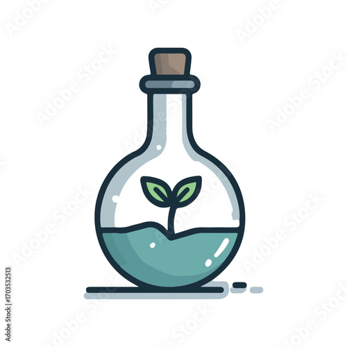 Sprout in Flask Icon with Stopper and Light Blue Liquid