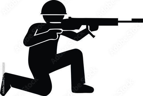 Silhouette soldier kneels, holding a rifle, ready to aim for an intended military target