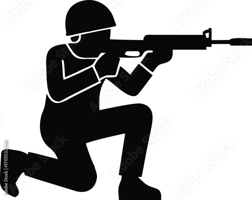 Black silhouette shows armed soldier kneeling while aiming a rifle, ready to engage