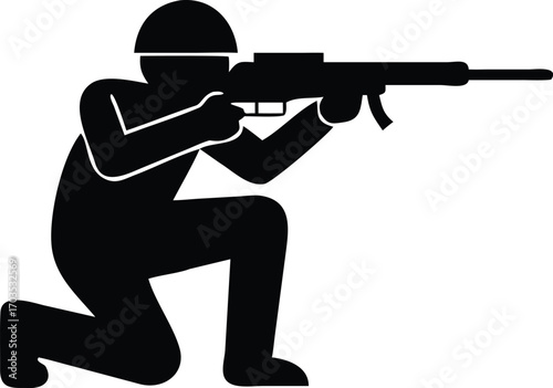 Kneeling soldier icon aiming a rifle presents a powerful black silhouette on white