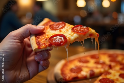 A hand holds a hot slice of pepperoni pizza