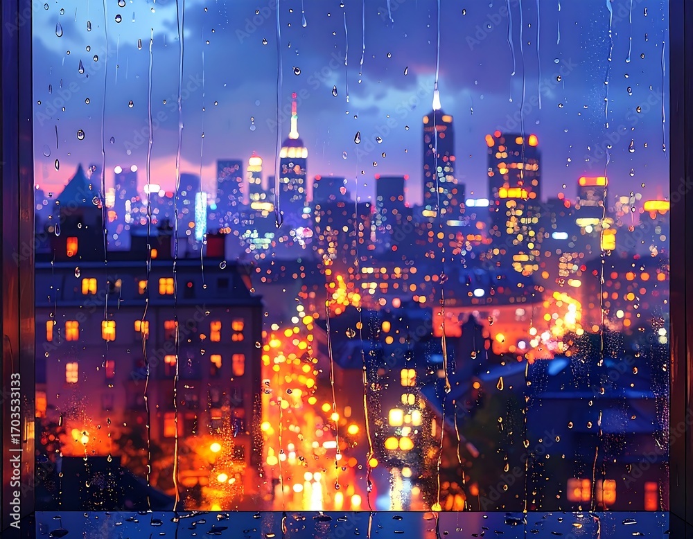 Obraz premium Cityscape view through a rainy window at night