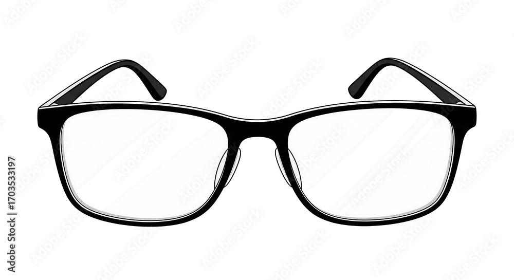Fototapeta premium Black framed eyeglasses with clear lenses on a white background.