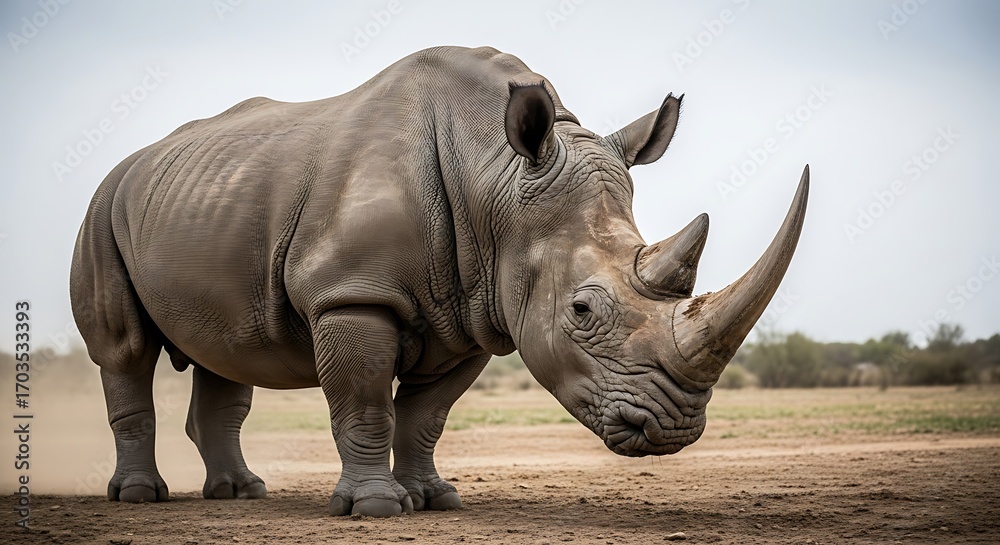 Fototapeta premium Majestic White Rhinoceros Standing Tall in African Savanna.
