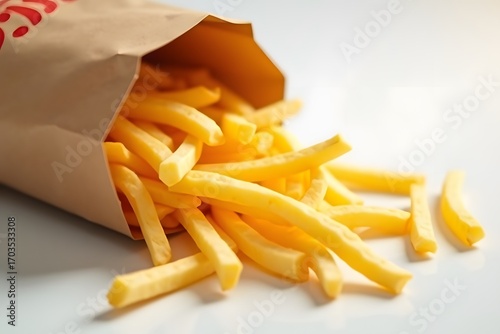 Delicious crispy french fries spilling from a paper bag on a light background