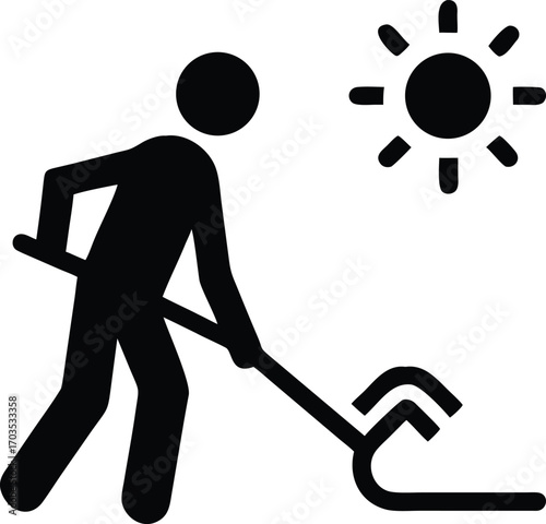 Black figure wielding a pitchfork under the sun against a white background