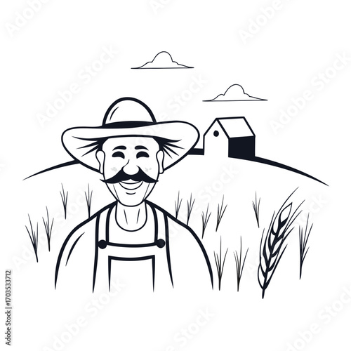 Line art shows cheerful farmer smiling amidst a wheat field with barn backdrop