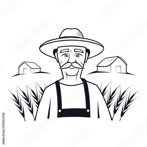 Mature farmer with a mustache wearing overalls stands proudly amid wheat field and barns