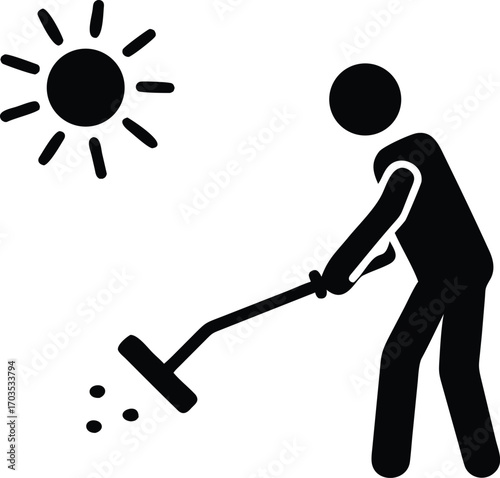 Simple drawing of individual cleaning with equipment under sun symbolizes cleanliness and sanitation