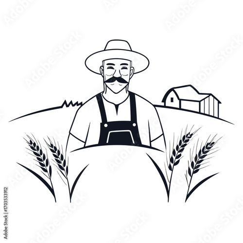 Farmer with mustache stands in wheat field beside barn with simple lines