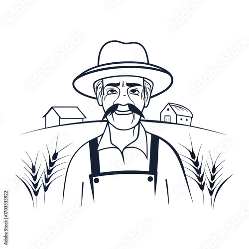 Monochrome shows a farmer standing proudly in his wheat field near houses