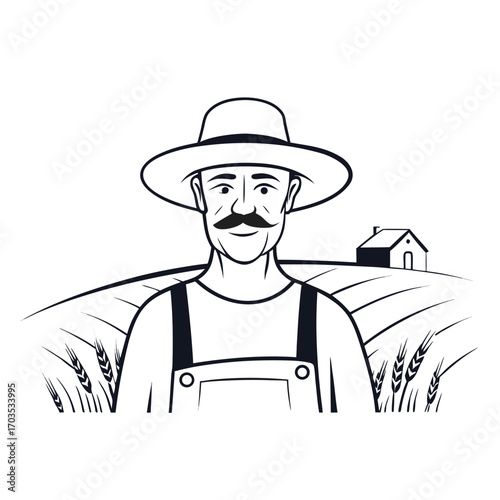 Farmer with mustache wearing hat standing in the wheat field near farmhouse view