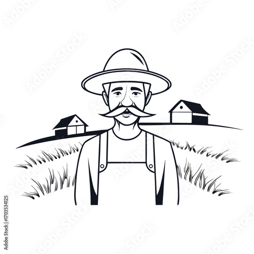 Monochrome farmer in a hat stands among fields with rural houses behind him