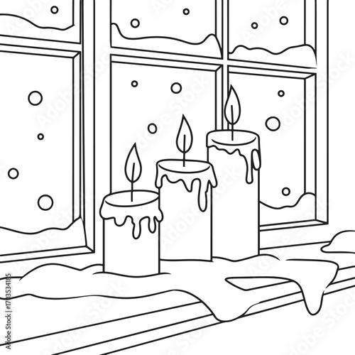 Candles on a Snowy Window Sill Winter Holiday Coloring Page