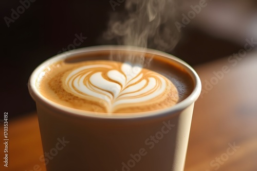Hot latte with milk foam art in paper cup