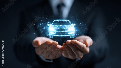 Businessman's hands hold a digital car image
