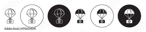 Parachute with first aid kit icons collection in black filled and stroke line style