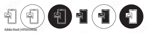 Mobile food ordering icons collection in black filled and stroke line style