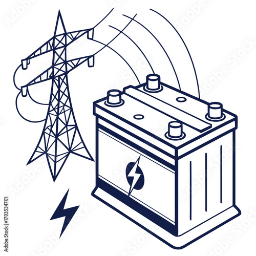 Conceptual illustration of a car battery connected to a power line tower symbolizing energy storage and electricity transmission for modern power needs