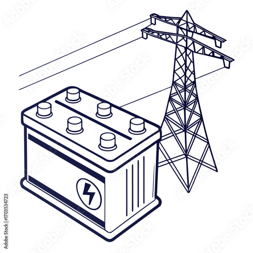 Conceptual illustration of a car battery and a power transmission tower representing energy storage and electricity distribution in a clean line art style