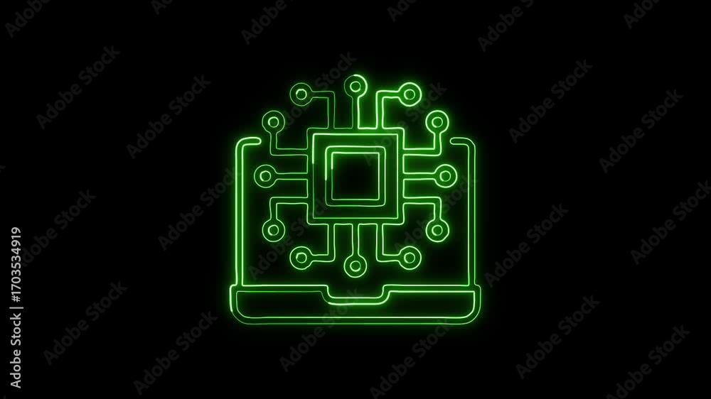 Glowing neon digital icon animation with black background. HD technology data futuristic video loop