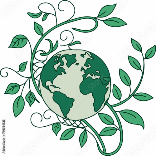 Stylized illustration of planet earth embraced by lush green vines and leaves symbolizing growth nature and environmental protection