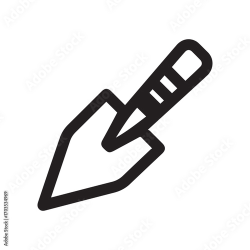 Black Outline Icon of a Hand Trowel Tool on White