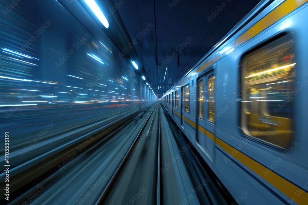 Fototapeta premium Subway train moving quickly through a tunnel at night