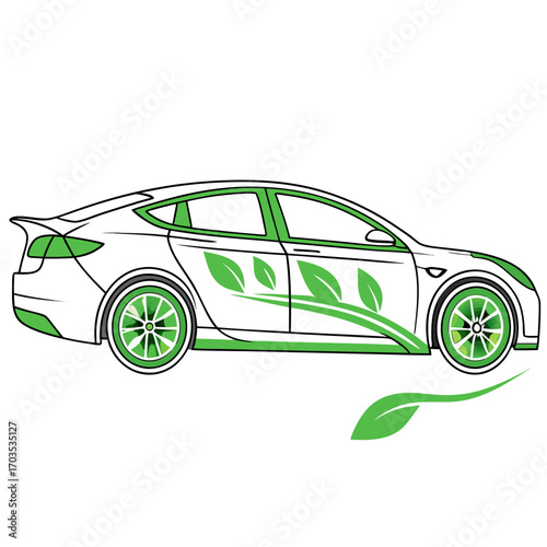 Modern white electric vehicle with green leaf accents on the side and wheels symbolizing eco friendly transportation and sustainability concept
