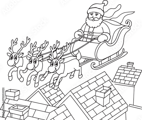 Santa Claus Flying Sleigh with Reindeer over Rooftops Christmas Coloring Page