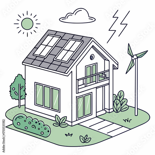 Modern eco friendly house with solar panels on the roof and a wind turbine in the yard generating clean renewable energy from the sun and wind