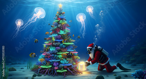 Scuba diving Santa Claus places a glowing gift under a coral reef Christmas tree in a magical underwater ocean scene