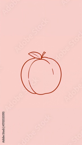 Minimalist peach fruit flat design simple line hand drawing on plain pastel pink background