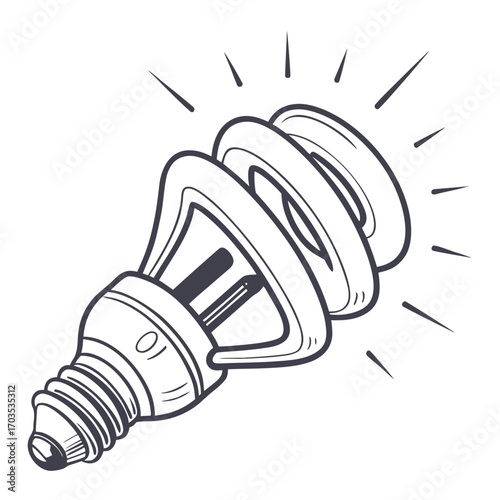 A hand drawn sketch of a compact fluorescent light bulb emitting light rays symbolizing innovation and bright ideas perfect for concepts related to energy saving and creativity