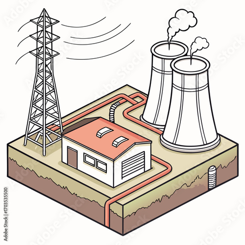 Isometric illustration of a power plant with cooling towers emitting steam a transmission tower and connected pipelines representing industrial energy production and infrastructure