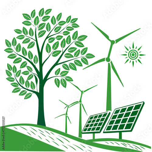 Green energy concept illustration with a lush tree wind turbines solar panels and a stylized sun on a rolling green landscape representing sustainability and renewable power generation