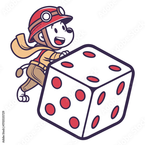 Whimsical cartoon character dressed as an aviator pushing a large white die with red pips symbolizing luck and chance in a playful adventure