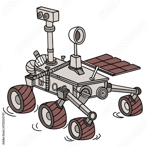 A charming cartoon illustration of a mars rover with six wheels solar panels and a camera mast depicted in a simple clean style against a white background conveying exploration and discovery