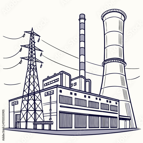 Industrial power plant with cooling tower and tall smokestack connected to high voltage electricity transmission tower and power lines depicted in a stylized line art drawing