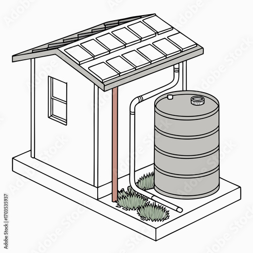 Illustration of a small building with solar panels on the roof connected to a water collection tank for rainwater harvesting and sustainable water management