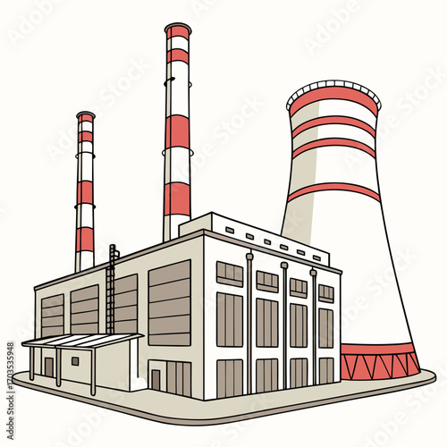 A stylized illustration of a power plant featuring a large cooling tower and two tall smokestacks with red and white stripes on a white background