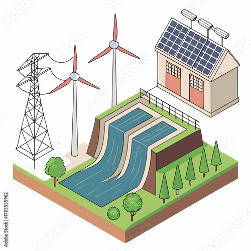 Illustration of a sustainable energy landscape featuring wind turbines a hydroelectric dam with flowing water a building with solar panels and a power transmission tower
