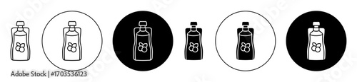 Baby food plastic bottle icons collection in black filled and stroke line style